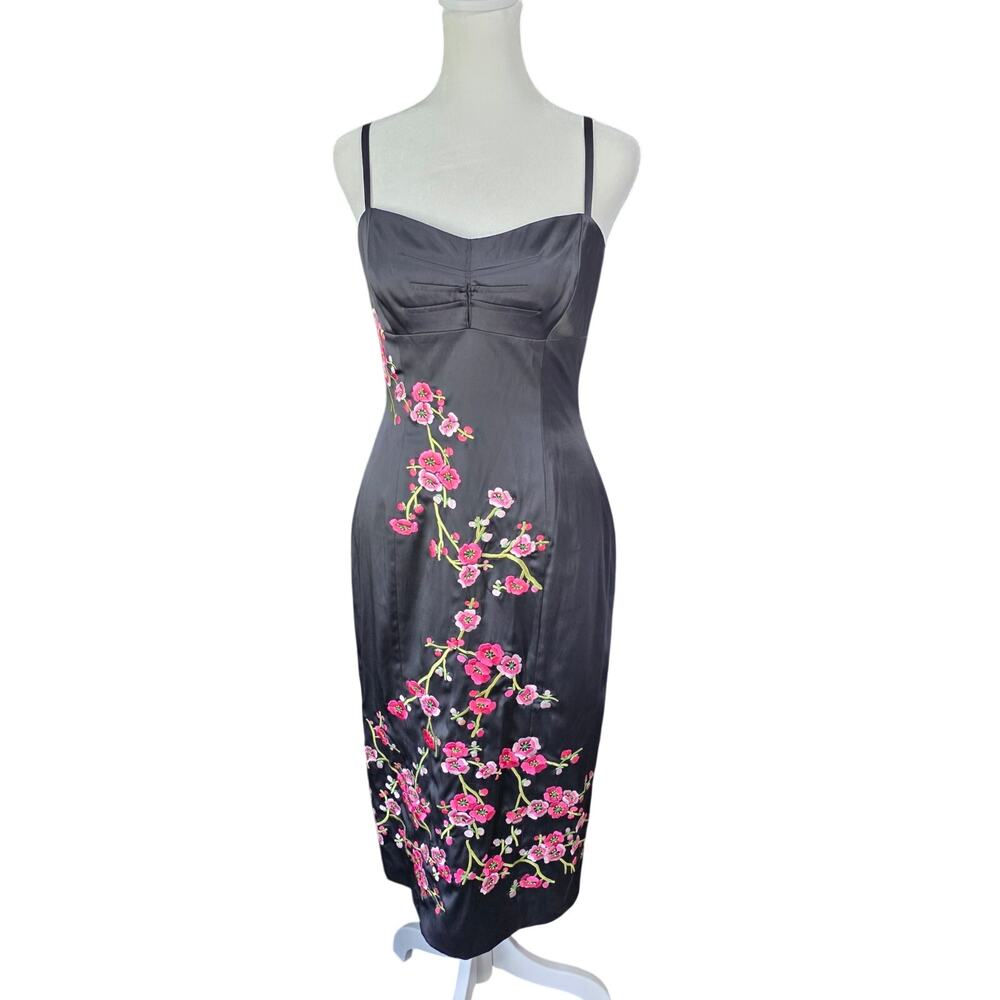 Karen Millen Black Satin Floral Embroidered Slip Dress Midi Bodycon 10